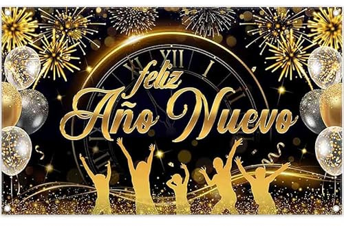 Luminora 1,8 x 1,1 m Feliz Año Nuevo 2026 bakgrund guld svart klocka ballonger champagne fyrverkeri bakgrund nyårsafton party dekor foto banderoll rekvisita
