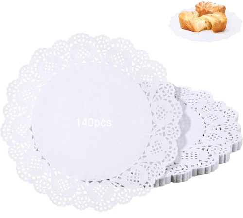 Lot de 140 napperons papier ronds effet napperon dentelle, napperon papier dentelle, napperon dentelle, papier de riz, Blanc, 21.5 cm.