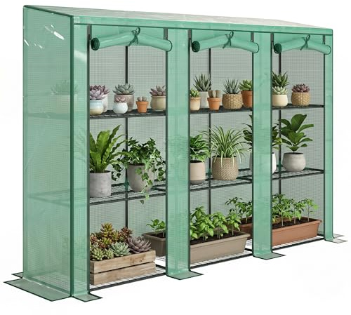 Outsunny Invernadero de Exterior de 3 Niveles Invernadero de Jardín con 9 Estantes Puerta Enrollable con Cremallera Marco de Acero Cubierta de PE 140g/m² Anti-UV para Terraza 215x46x151cm Verde
