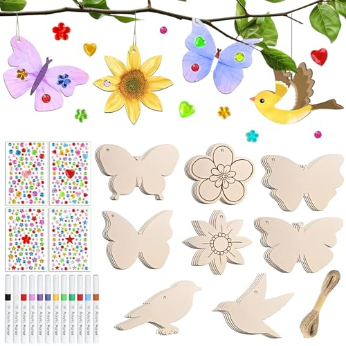 CUEMOON Lot de 57 kits de bricolage en bois - Pendentif en bois à peindre - Étanche - Décoration d'anniversaire - Avec stylo aquarelle et autocollant en pierres précieuses