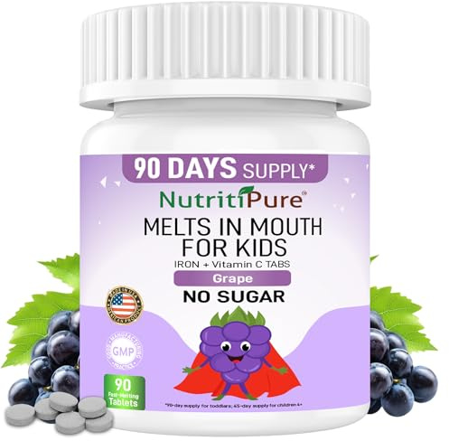 NutritiPure Kids Chewable Iron Supplement, Ferronyl® Carbonyl Iron 9 mg, Vitamin C 30 mg, Grape Flavor, 90 Tablets (1 Bottle)