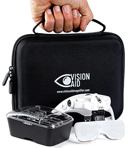 Vision Aid Lupen mit LED-Licht 5 Linsen Stirnband Schutzaufbewahrungsbox Brillenlupe Freihändige beleuchtete Kopflupe für Hobbyhandwerk Makuladegeneration Malerei Brillenträger Naharbeit