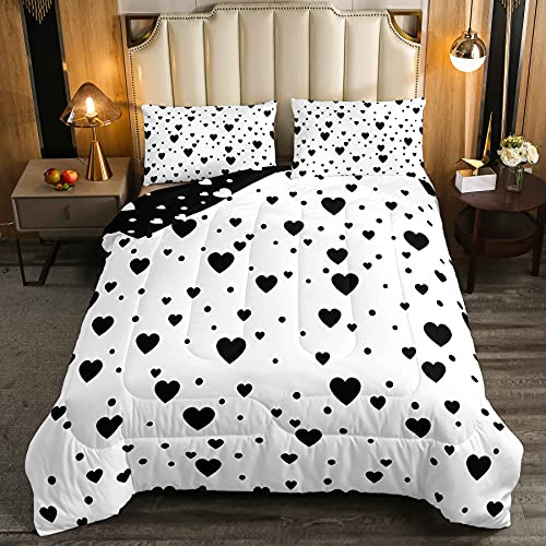 Set di biancheria da letto con cuori per ragazze e ragazzi, con Trapunta e piumone geometrico, colore bianco e nero, double-face, set di copriletti matrimoniali, 3 pezzi