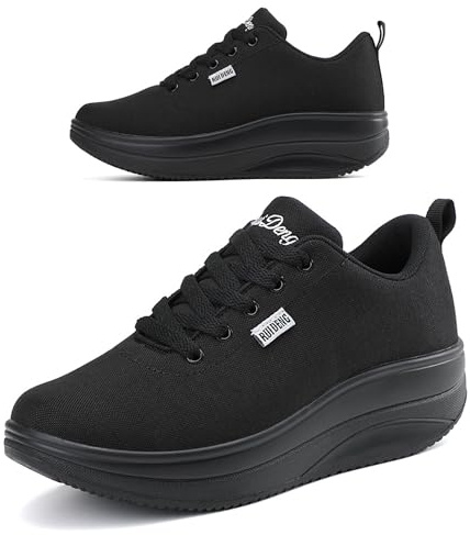 RUIDENG Platform Sneakers for Women Walking All Day | Slip Resistant Work Shoes for Women Comfortable | 2 Inch Thick Wedge Rocker Bottom, All Black 92313, 5 UK