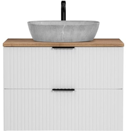 Lomadox Waschtisch 80cm mit Aufsatzbecken, weiß mit Eiche Nb., Front gerillt, Keramikwaschbecken Beton Optik hell