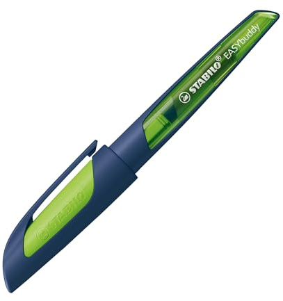 STABILO - Pluma estilográfica escolar con plumín L para zurdos - EASYbuddy Twilight Sky - Color azul acero/lima - Tinta azul (borrable) - Incluye cartucho