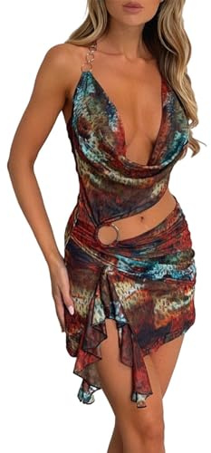 Geagodelia Robe Femme Eté Sexy Courte Dos Nu Col Décolleté sans Manches Mini Robe Halterneck Asymétrique Fendue à Volant