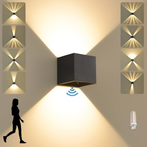 SANSHI Wandleuchte Innen/Außen mit Bewegungsmelder,3000K Warmweiß Wandlampe mit Austauschbarer G9 LED lampe,IP65 Wasserdichte Außenlampe,Up Down Einstellbar Abstrahlwinkel aussenbeleuchtung,Schwarz