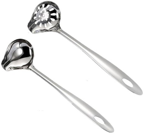 Jadin Suppenkelle, Saucenlöffel, 2 Stück Edelstahllöffel und Schaumlöffel, Hitzebeständiger Griff aus Edelstahl, zum Kochen/Rühren/Servieren von Gerichten, mit Löchern, Spülmaschinenfest, 27,2 x 8 cm