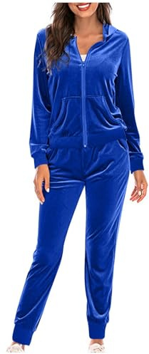 Set di 2 pezzi in velluto per donna, tuta da casa con cappuccio con zip e pantaloni da jogging, tuta da allenamento, tuta da ginnastica, pantaloni in maglia, Blu, L