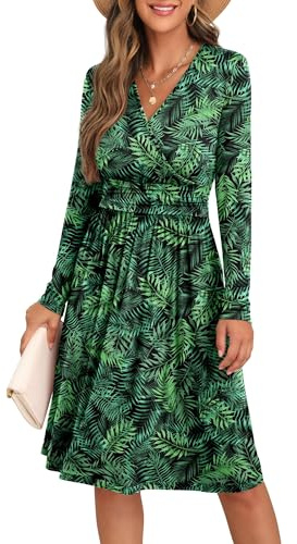 GRECERELLE Womens Autumn Wrap Dress Ladies Casual Long Sleeve V-Neck Midi Dresses for Women (FP Green Leaf, XL)