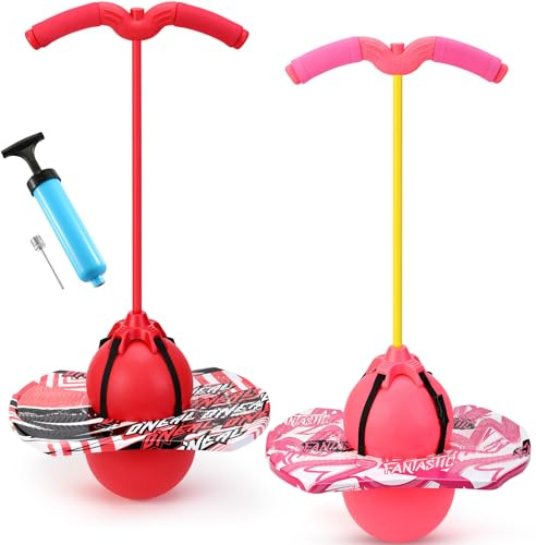 Layhit 2 Pcs Pogo Jumper with Handle for Kids Pump Pogo Ball Stick Jumper Balance Bounce Ball with Pump and Strong Grip for Adults Teen Indoor Outdoor(Red and Pink,Exquisite)
