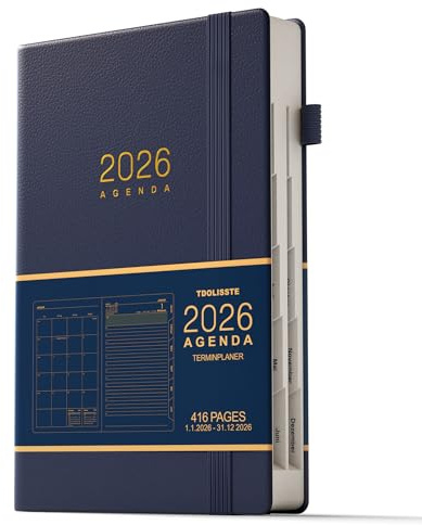 TDOLISSTE - Kalender 2026 Möteskalender, A5 Agenda bokkalender 365-sidor-dagplanering och 24-sidig månadsplan, tysk (blå)