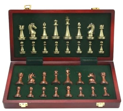 IWENZHKPA Échecs Jeu D'échecs En Métal, Bronze Brillant Et Laiton, Pièces D'échecs Professionnelles Pliantes En Bois Massif, Jeu Echec Echiquier, 2 Joueurs, À Partir De 0 Ans
