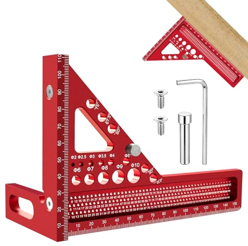 Tmefoy 3D-geringvinkel, 22,5–90° kombinationsvinkel av aluminiumlegering, högprecisions square, snickarvinkel med 11 borrhål, rivning, borrning och mätverktyg för snickare, ingenjörer (röd-L)