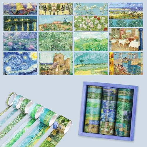 MSLSOZ Set di nastri Washi Tape, 18 rotoli di Washi Tape vintage, Pittura ad Olio Vintage Van Gogh & Monet, per forniture di scrapbooking, journaling, creazioni manuali fai-da-te e regali