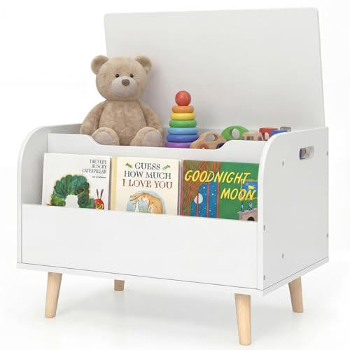 RELAX4LIFE Baule Portagiochi per Bambini in Legno con Libreria, Coperchio Ribaltabile, Cerniera di Sicurezza, per Cameretta, Sala Giochi, 60 x 40 x 43cm (Bianco)