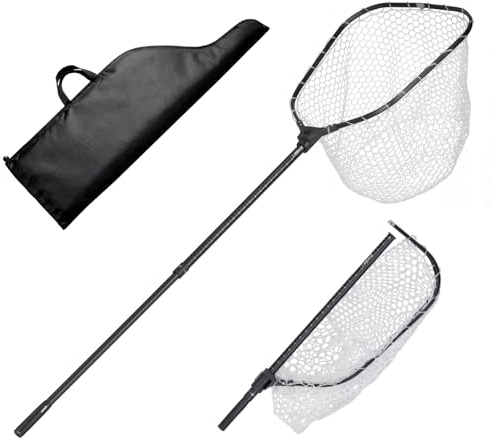 VEVOR Épuisette de Pêche Pliable, Filet de Pêche avec Manche Télescopique Alu 6063, pour Poisson Étang Bassin Kayak Bateau, Salabre Léger avec Filet en Silicone Souple et Échelle de Longueur Intégrée