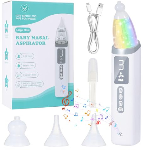 Aspiratore Nasale Neonato Elettrico Aspira Muco Bambini Portatile con 3 Livelli di Aspirazione e 3 Punte in Silicone Aspiratore Nasale Elettrico Ricaricabile USB-C con Musica e Luci per Bambini