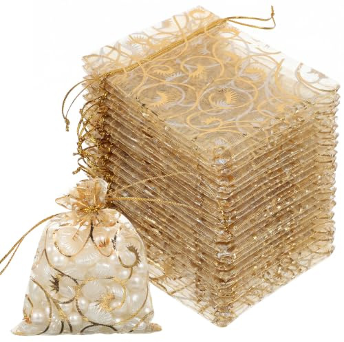 Ajcotahm Set med 50 organza-påsar i guld, 7 x 9 cm, liten presentpåse | Organza-påsar med dragsko för bröllop, jul, fest