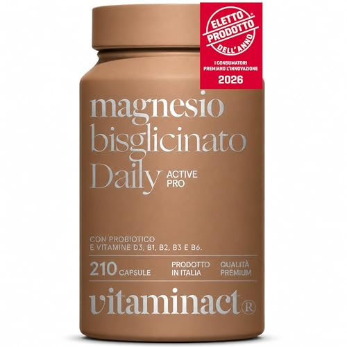 Magnesio Bisglicinato Daily Uomo Donna - Vincitore Prodotto Dell'anno 2026-210 Capsule - 500 MG di Magnesio Chelato a Capsula - Fornitura 7 Mesi - Con Probiotico e Vitamine B1,B3,B6,B2 e D3.