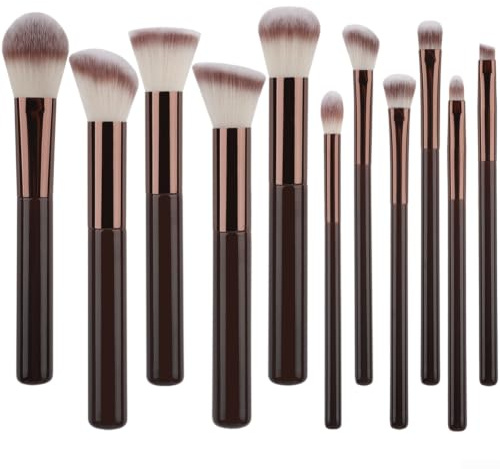 QOXEZY Makeupborstset för premium trähandtag, korrugerad silkesborste, för foundation ögonskuggsblandning och lös pulverapplikation, med trähandtag och resefodral (B)