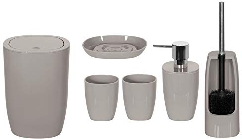 spirella Set da bagno, 6 pezzi, accessori da bagno, secchio per cosmetici, dispenser di sapone, spazzola per WC, portasapone, contenitore e bicchiere per spazzolini da denti, tortora