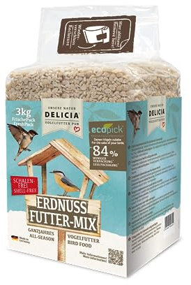 DELICIA® Vogelfutter Erdnuss FutterMix (3kg) · Ganzjahresfutter für Wildvögel & Gartenvögel · Im wiederverschließbaren FrischePack · Streufutter für jeden Vogel · Vogelfutter ganzjährig