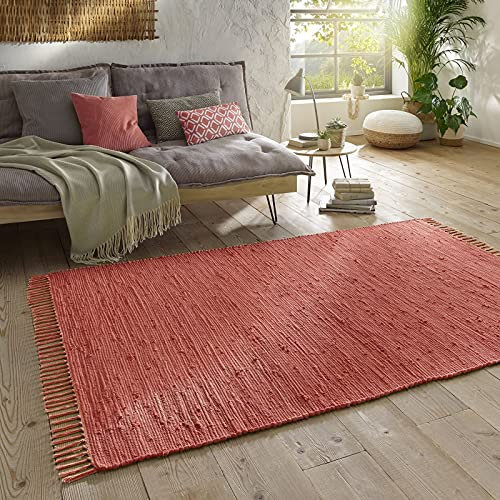 Taracarpet Handwebteppich Läufer Fleckerl Teppich Uni waschbar aus Baumwolle für Wohnzimmer und Küchenteppich 140x200 cm rot