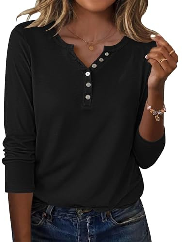WNEEDU Camiseta Manga Larga Mujer Jersey Ligera Henley Camisas Cuello V Casual Blusa con Botones