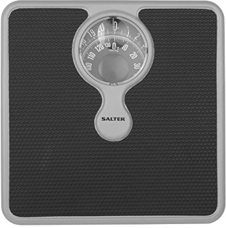 Salter Personenwaage Analog, Körperwaage mit Lupenvergrößerung bis 133kg, Personenwaage Mechanisch & Batteriefrei, Badezimmerwaage mit Großer Anzeige, Präzise Gewichtsmessung, Silber/Schwarz