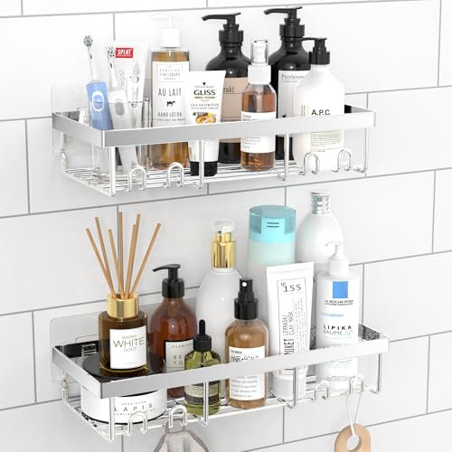 DIFULI Shower Caddy Shelf Organiser 2 Pack, No Drill Silver Shower Shelves,Self Adhesive Bathroom Storage Accessories
