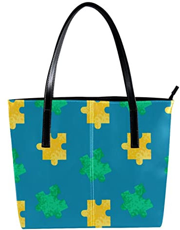 Personalized Handbag PU Leather Tote Shoulder Handbags Tote Purse green yellow jigsaw pattern