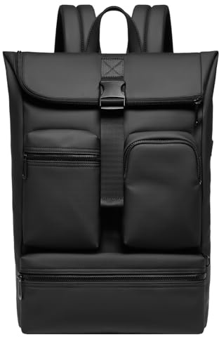 GYakeog Rolltop Rucksack Herren Damen Wasserdicht Laptop Rucksack 15,6 Zoll mit USB-Anschluss Fahrradrucksack Anti-Diebstahl Schulrucksack für Uni Arbeit Reisen Freizeit-Schwarz