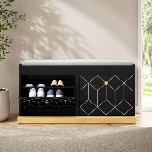 HOLTICO Shoe Bench Storage with Seat, Black Shoe Cabinet Cupboard with Cushion & Flip-Drawer, Shoes Storage Cabinet for Hallway, Entryway