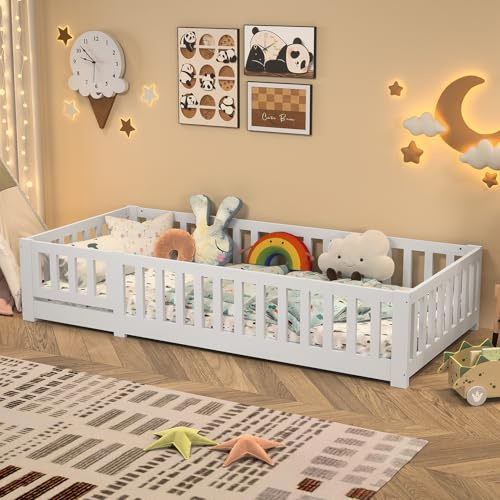 Lazyspace Bodenbett Kinderbett 90x200 cm, Montessori Bett Kinder mit Rausfallschutz inkl. Lattenrost, Einzelbett mit Babytür, Rahmenbetten aus Kiefer Massivholz, Bettgestell Jugendbett, Weiß