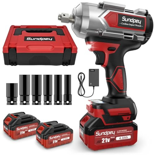 Sundpey 1200Nm Akku Schlagschrauber 8000mAh - 1/2 Bürstenloser Schlagschrauber Akku mit 2 * 4.0Ah Li-Ion Akkus, 6 Stecknüsse, 21V 2600RPM Impact Wrench für Auto und Hausgebrauch
