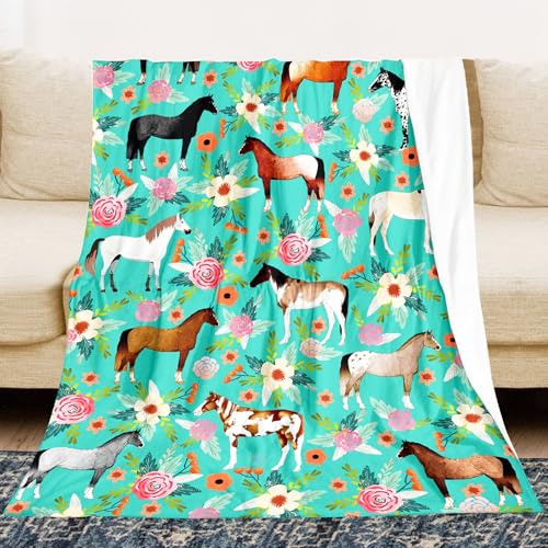 Horse Blanket for Girls, Horse Gifts for Girls Women, Vintage Green Cool Funny Western Throw Blanket for Horses Lovers Soft Warm Plush Flannel Fleece Blanket for Sofa Couch Bedroom Livingroom 50X40