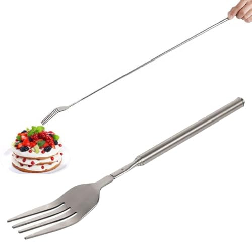 Forchetta telescopica, forchetta telescopica lunga, forchetta telescopica in acciaio inossidabile, forchetta estensibile con manico lungo, per barbecue, brindisi, cena, frutta, dessert, argento