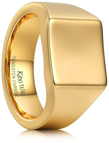 King Will Men's Gold Signet Rings Tungsten Biker Band Ring For Men Thumb Pinky Polished Classic Plain Wedding Statement Promise Ring for Him, Size 10