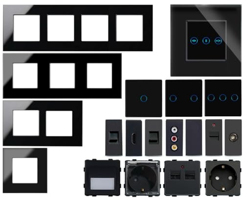 WLAN Touch Lichtschalter Wechselschalter Dimmer Serienschalter Steckdose | LED beleuchtet | Alexa/Google Home kompatibel | Glasrahmen | schwarz | LUXUS-TIME (Rahmen 4-Fach)