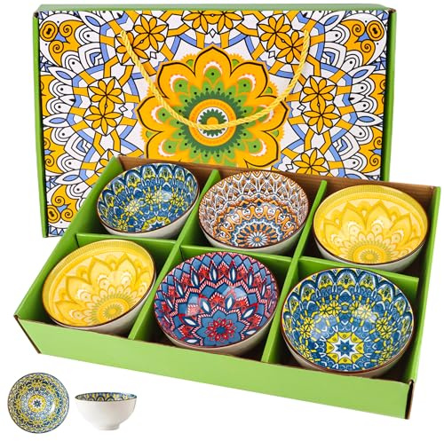 Bohemian Rice Bowl Set of 6, 13.5oz Ceramic Small Bowls for Cereal Dessert Soup, Microwave & Dishwasher Safe, Stackable Serving Bowls with Non-Slip Base, Gift-Ready Packaging for Housewarming Wedding