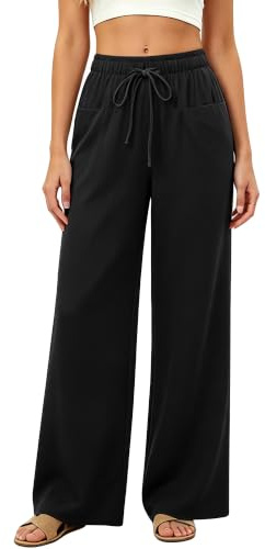 Neteson Pantalon Fluide Été Femme Lin Coton Pantalon Ample Pantalon Palazzo | Large Léger Taille Haute avec Poches pour Plage Décontracté Bureau Vacances