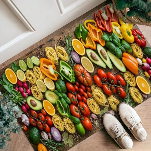 Alfombra de pasillo con diseño de tomates y campanas de limón y pimienta, color verde, de pelo bajo, para interiores, no se desprende, para cocina, entrada, lavandería, pasillo, decoración de 2 x 3