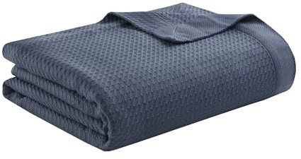 Madison Park Soft Certified 100% Egyptian Cotton Breathable Cozy Blanket, Premium Waffle Knit Classic Design, Luxury All Season Lightweight Cover for Bed, Couch and Sofa, Blue Full/Queen(90x90)