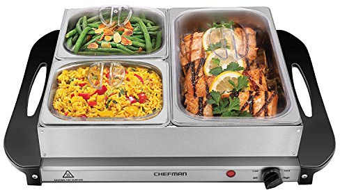 Chefman Electric Buffet Server + Warming Tray w/Adjustable Temperature & 3 Chafing Dishes, Hot Plate Perfect for Holidays, Catering, Parties, Events & Home Dinners, 14 x 14 Surface, Stainless Steel