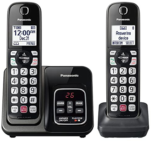 Panasonic Cordless Phone with Answering Machine, Advanced Call Block, Bilingual Caller ID and High-Contrast Display, Expandable System with 2 Handset Cordless Telephones - KX-TGD832M (Metallic Black)