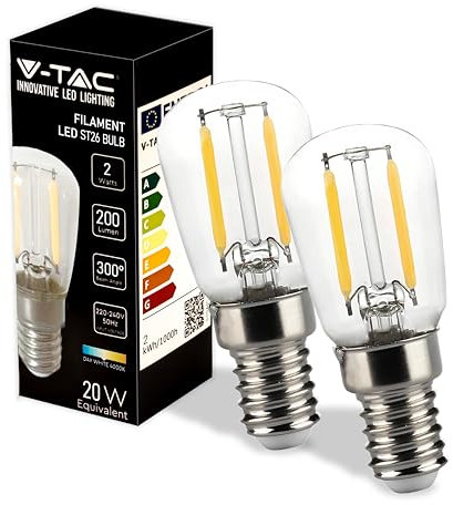 V-TAC Bombilla LED Filamento para Nevera y Lámparas - E14-2W - 200 Lumen - Pequeñas Bombillas LED T26 para Máxima Eficiencia y Ahorro Energético - Blanco Neutro 4000K