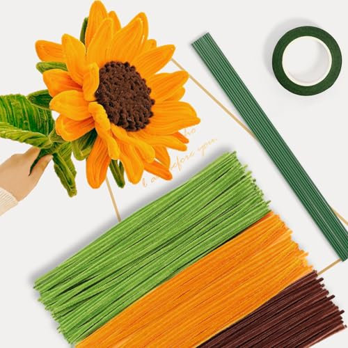 PONSEY Sonnenblumen Blumenstrauß Pfeifenreiniger Set, 300 Stück Pfeifenputzer Bunt zum Basteln 3 Farben Chenilledrah Pipe Cleaner mit Band und Blumenstäbe für DIY Sonnenblumen(Grün,Gold, Braun)