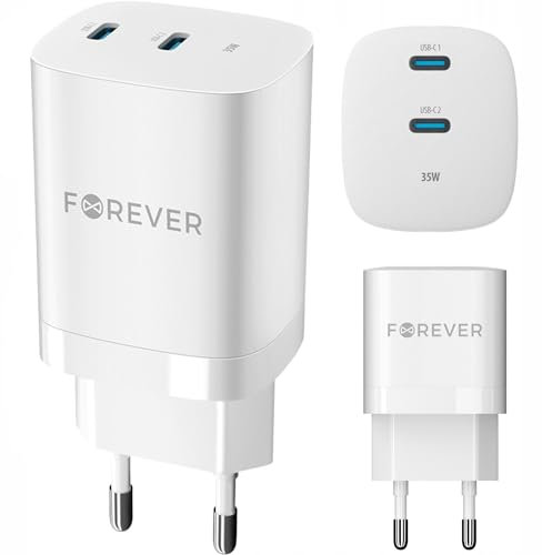 Chargeur rapide FOREVER GaN, 35 W, 2 ports USB-C, compatible avec tous les téléphones portables, smartphones, tablettes, UVM, adaptateur de charge, adaptateur secteur pour chargeur mural, iPhone, Sams